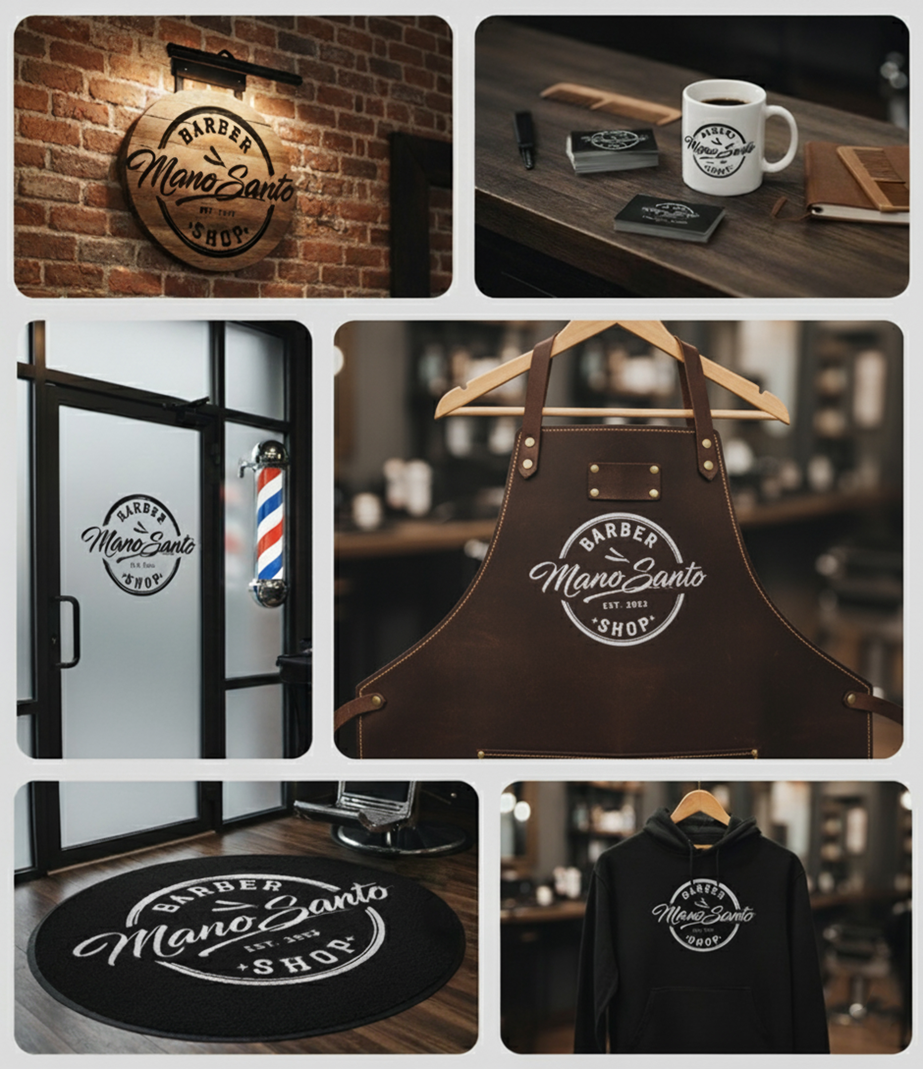 Mano Santo Barber Shop — Complete Branding & Identity Mockup badge logo barber brand barber identity barbershop logo brand identity logo design typography logo vintage logo