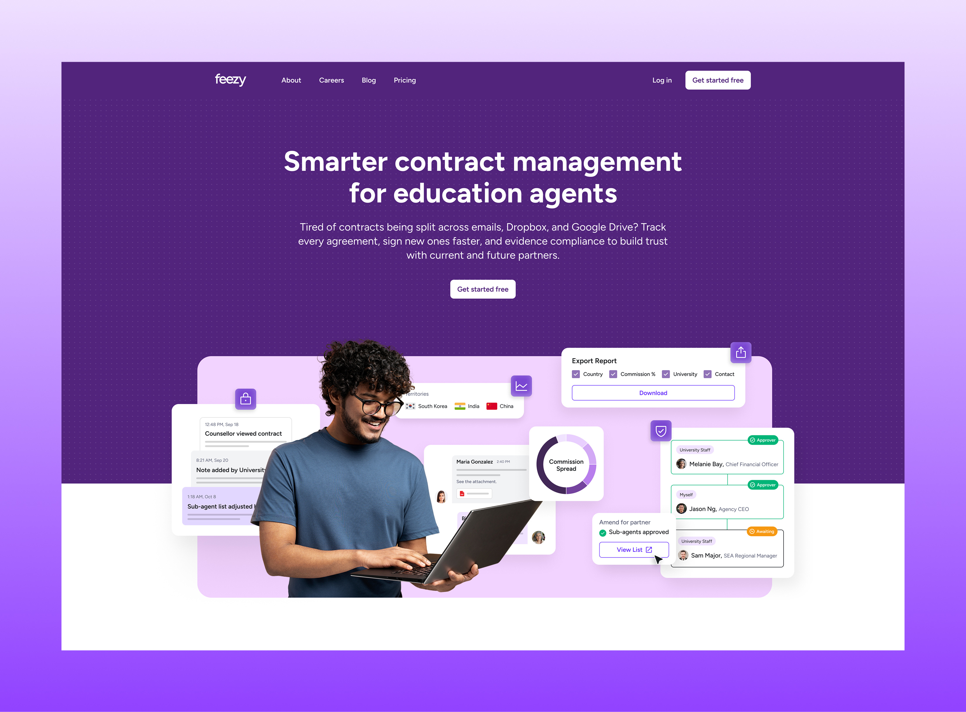Feezy.io Landing Page Design for Education Agents animation b2b branding compliance design development edtech education figma graphic design illustration landingpage minimal product uiux webdesign website
