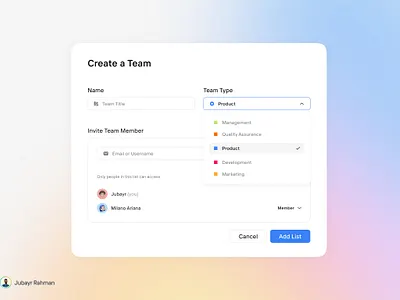 Create a Team — Clean CRM Dashboard Design comonent create team crm dashboard hrm minimal ui ux web app