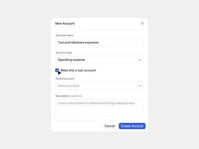 New Account Dialog accounting button checkbox component dashboard desktop dialog finance form modal new account overlay select web window