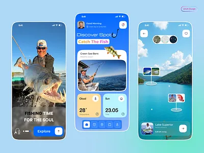 Fishing Mobile App UI/UX Design app branding catching chart design fish fishing fishing mobile app graphic lake location logo map mobile nature see smart fishing tracker ui weather