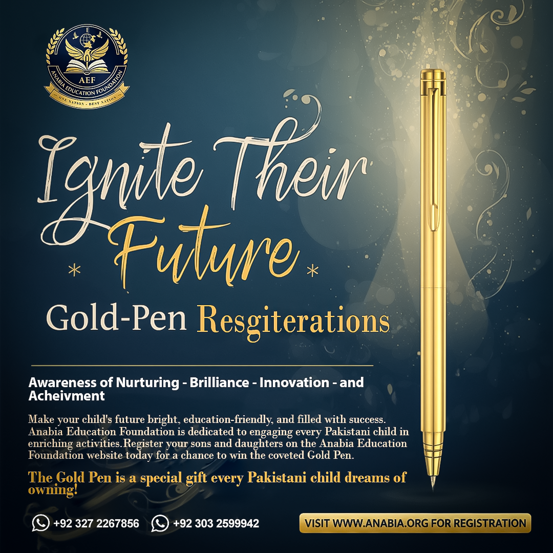Anabia Education Foundation - Gold Pen Program book icon brand identity campaign design dark blue digital marketing education empowerment globe icon gold gold pen program graphic design logo design modern nonprofit pakistan education pen icon premium social media design success typography