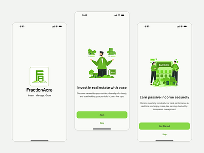 Fractional Real Estate Investment App - Modern Onboarding UI app design branding clean ui cleandesign design fractional app fractionalinvestment illustration investmentapp mobile app onboardingdesign productdesign real estate real estate app realestateui realtors uidesign uxdesign