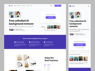 AI BG Remover Website - Lumin UI ai ai bg remover bg remover branding design system homepage landing page ui website design