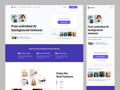 AI BG Remover Website - Lumin UI ai ai bg remover bg remover branding design system homepage landing page ui website design