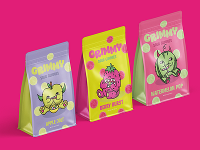 Grimmy - sour gummies branding & packaging bold bold branding brand brand identity branding candies candy brand graphic design illustrations kids brand logo logo design logo designer logotype mascot modern packaging design trend trendy design visual identity