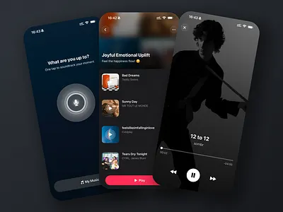 Moodify: Playlists That Fit! ai app ai design app concept app design clean ui context aware emotional ai ios app minimal ui mobile design mobile ui mood detection moodify music music app music player playlist app product design ui design ux design
