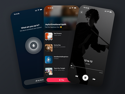 Moodify: Playlists That Fit! ai app ai design app concept app design clean ui context aware emotional ai ios app minimal ui mobile design mobile ui mood detection moodify music music app music player playlist app product design ui design ux design