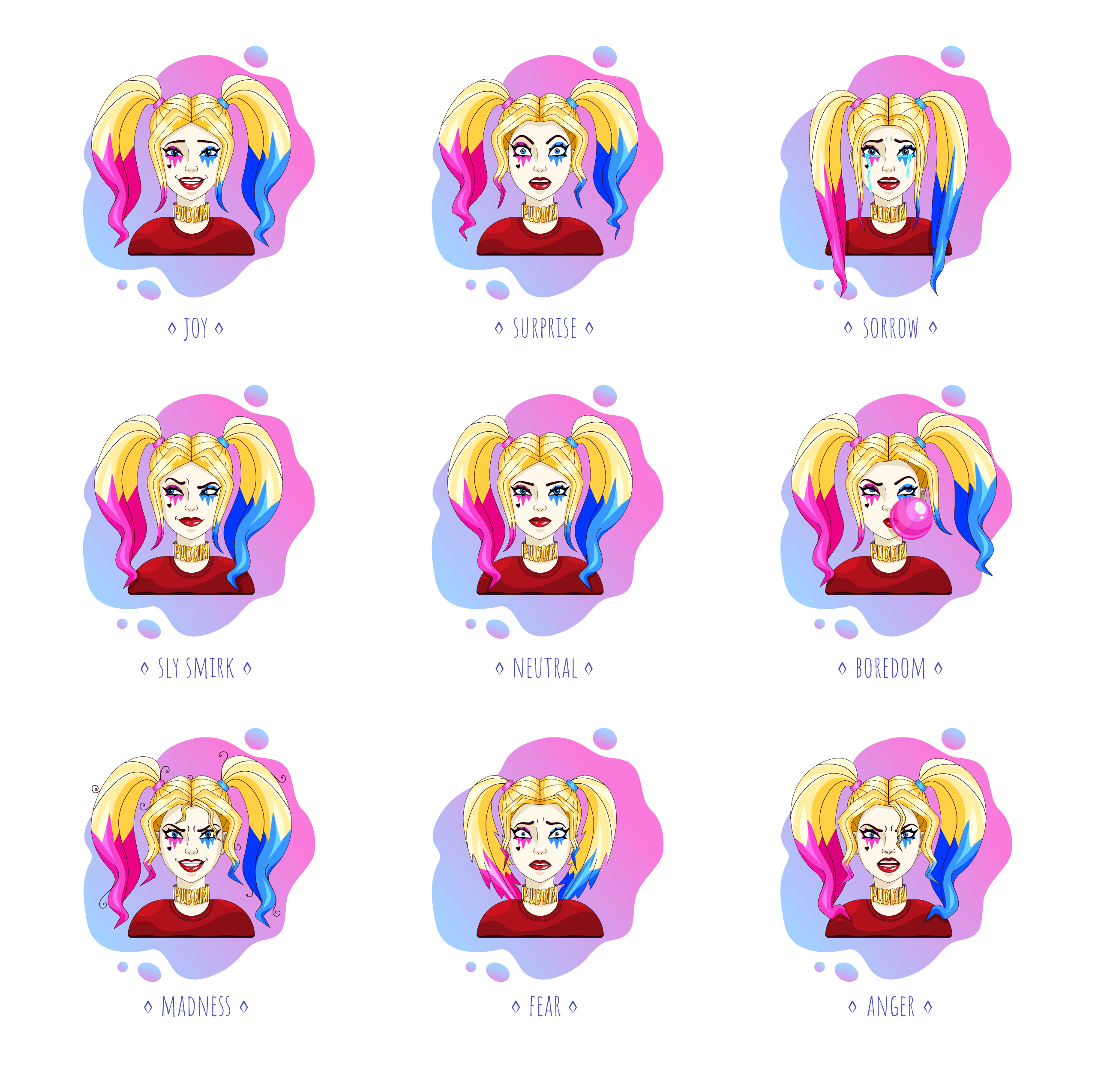 Emotions of Harley Quinn anger boredom character color cute emotions expressions fear hair harleyquinn joy madness sad surprise