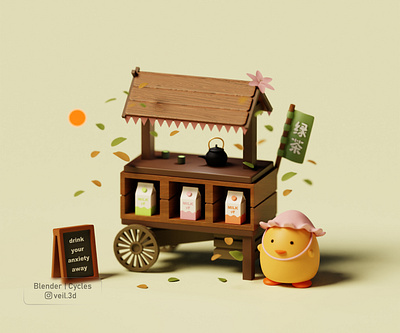 green tea cart ft chickie 3d 3d illlustration 3d render anxiety chick design green tea illustration isometric leaf low poly relax sun
