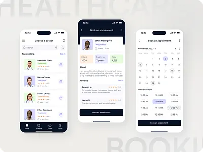 Healthcare IOS App appointmentcalendarui appointmenttimeselector doctoravailabilityui doctorbookingui doctorprofileui doctorreviewsui doctorsearchui doctorselectionui healthcareappui healthcareuserflow healthcareux medicalappdesign medicalappointmentscheduling mobileappointmentbooking mobilehealthcareapp onlinebookingui patientbookingflow patientdoctorinteraction ratingsystemui schedulebookingui