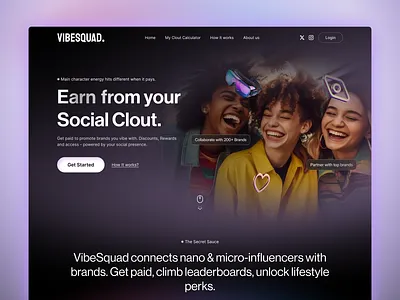 Vibesquad - Influencer marketing landing page design figma design glasmorphic design home page influencer influencer marketing ui design web webdesign