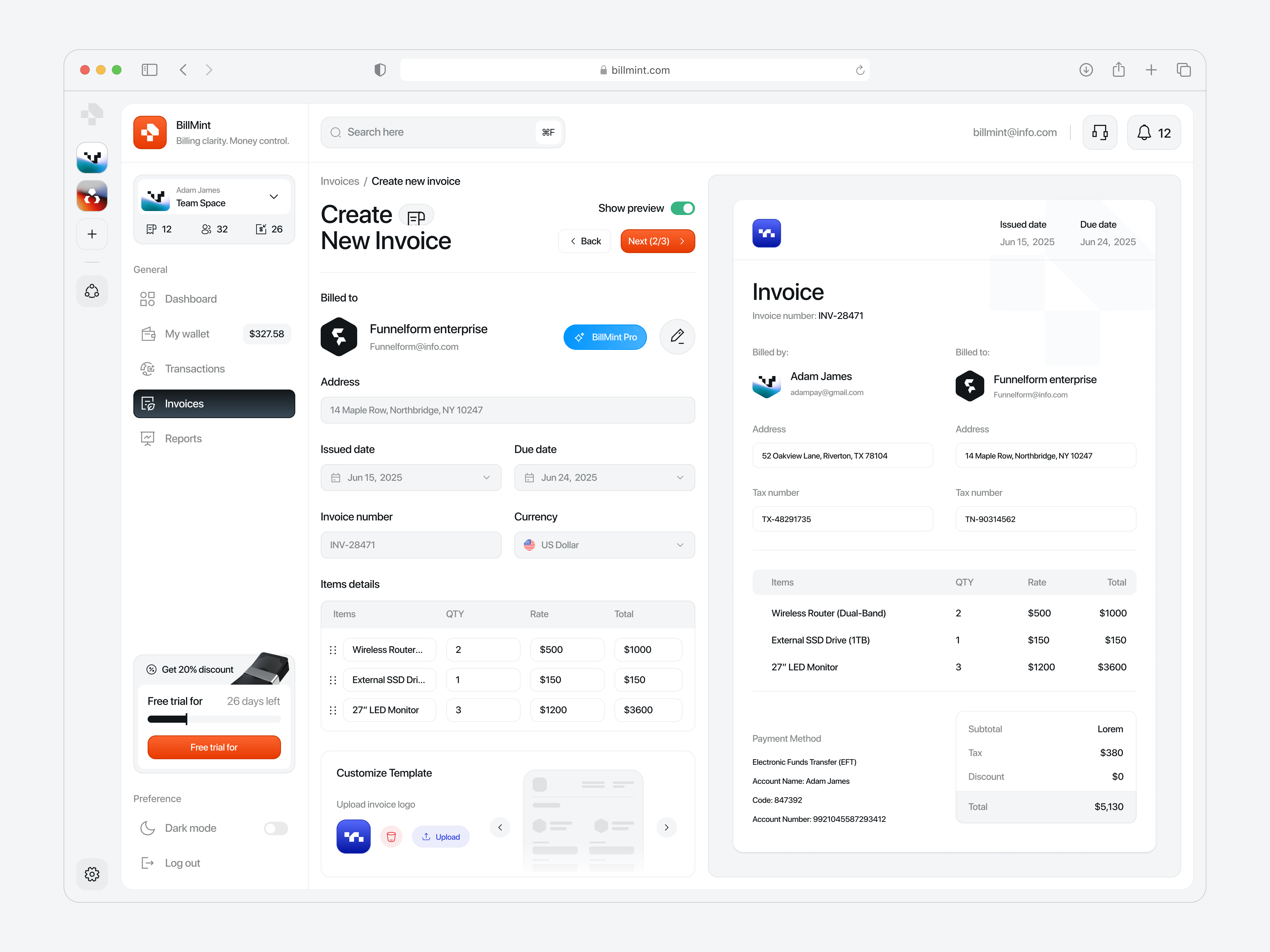 Billmint - Create New Invoice Page bill business clean dashboard finance management financial fintech interface invoice invoice builder invoicing minimal product design proposal receipt saas ui user interface ux