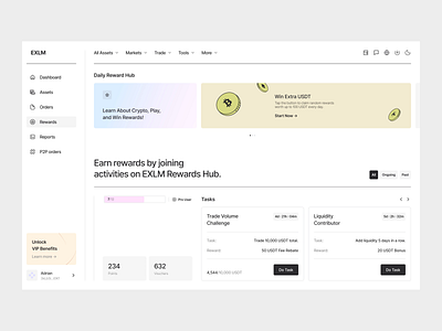 EXLM dashboard analytics app bonus center clean interface crypto crypto dashboard crypto exchange dashboard design fintech design light ui minimal dashboard product design rewards ui task system ui trading platform ui user engagement web web dashboard