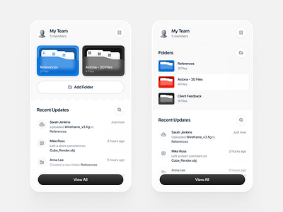 Team Workspace Dashboard — File Management UI cleanui dashboard designsystem filemanager folders interactiondesign iosdesign minimaldesign mobileapp neumorphism productdesign teampage ui ux workspace