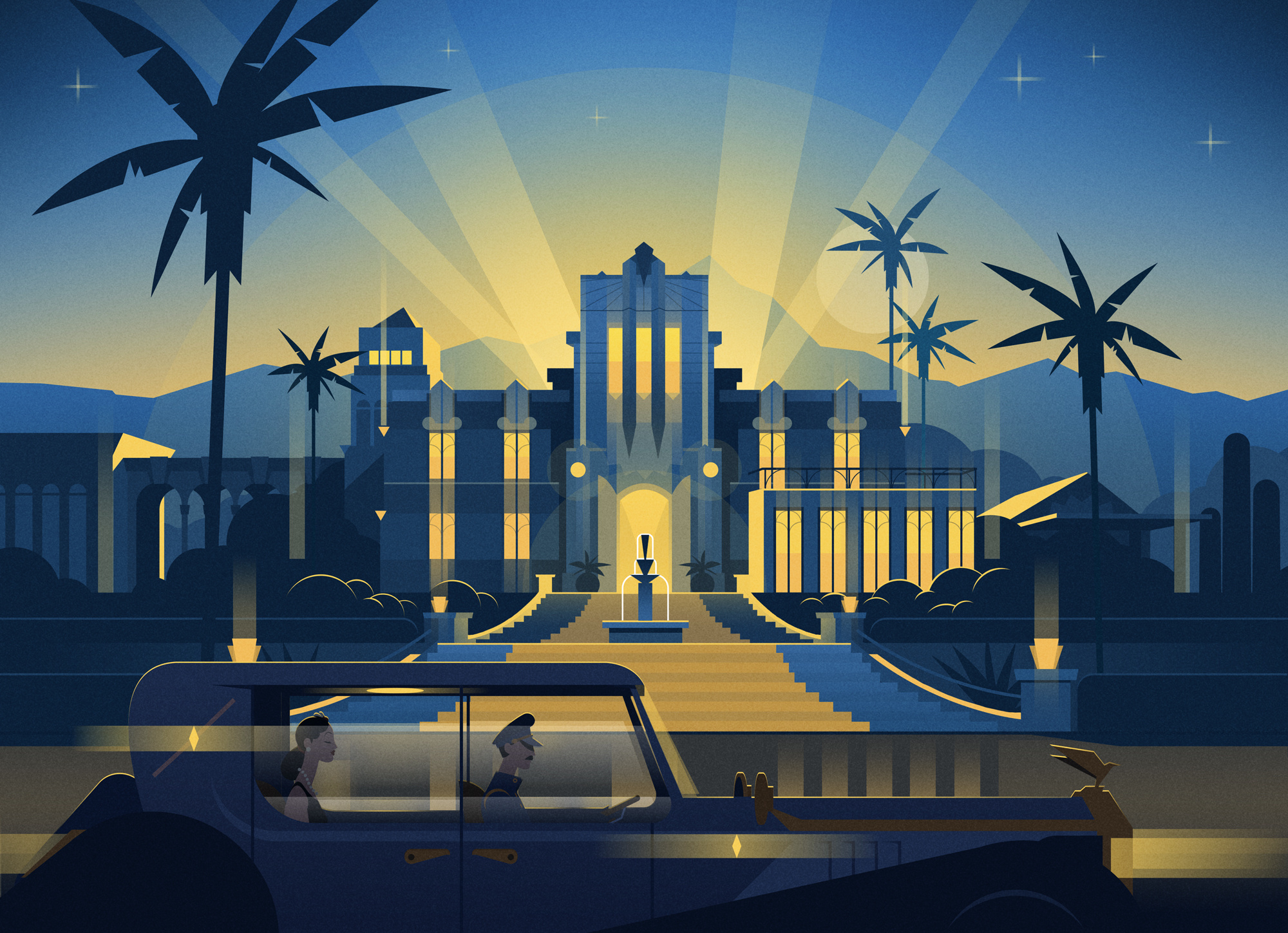 Hollywood Mansion animation art deco artdeco bel air breakdown event fountain hollywood hollywood hils hollywood mansion illustration illustrator luxury mansion movies palms party red carpet sek time lapse