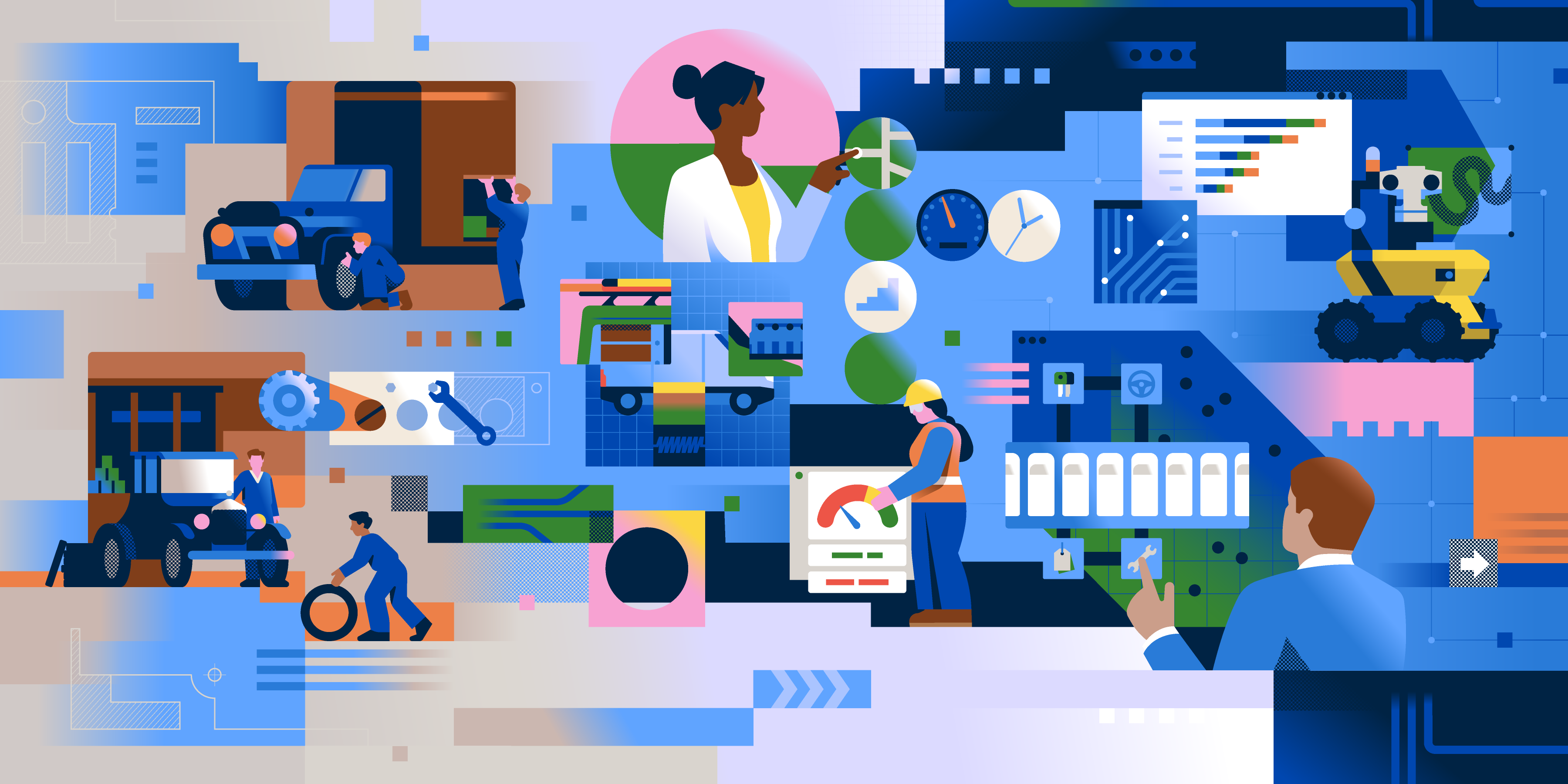 WSJ/Holman car illustration manufacturing pattern people robotics tech vector