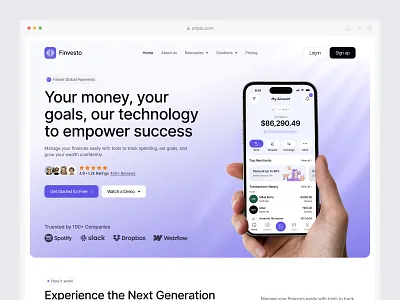 Finvesto - Finance Landing Page analytics bank app banking app credit card finance finance landing apge financial fintech fintech landing fintech saas landing page landing page design saas saas landing page statistics transactions wallet web design website