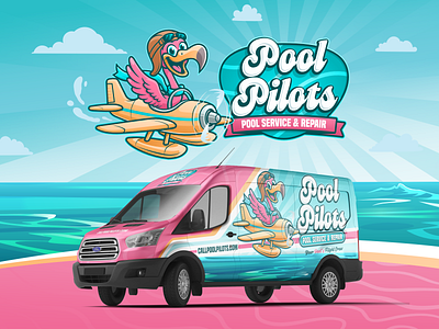 Pool Pilots - Mascot & Van brand charcater flamingo home service home service branding illustration letter logo mascot plane pool pool service summer van wrap