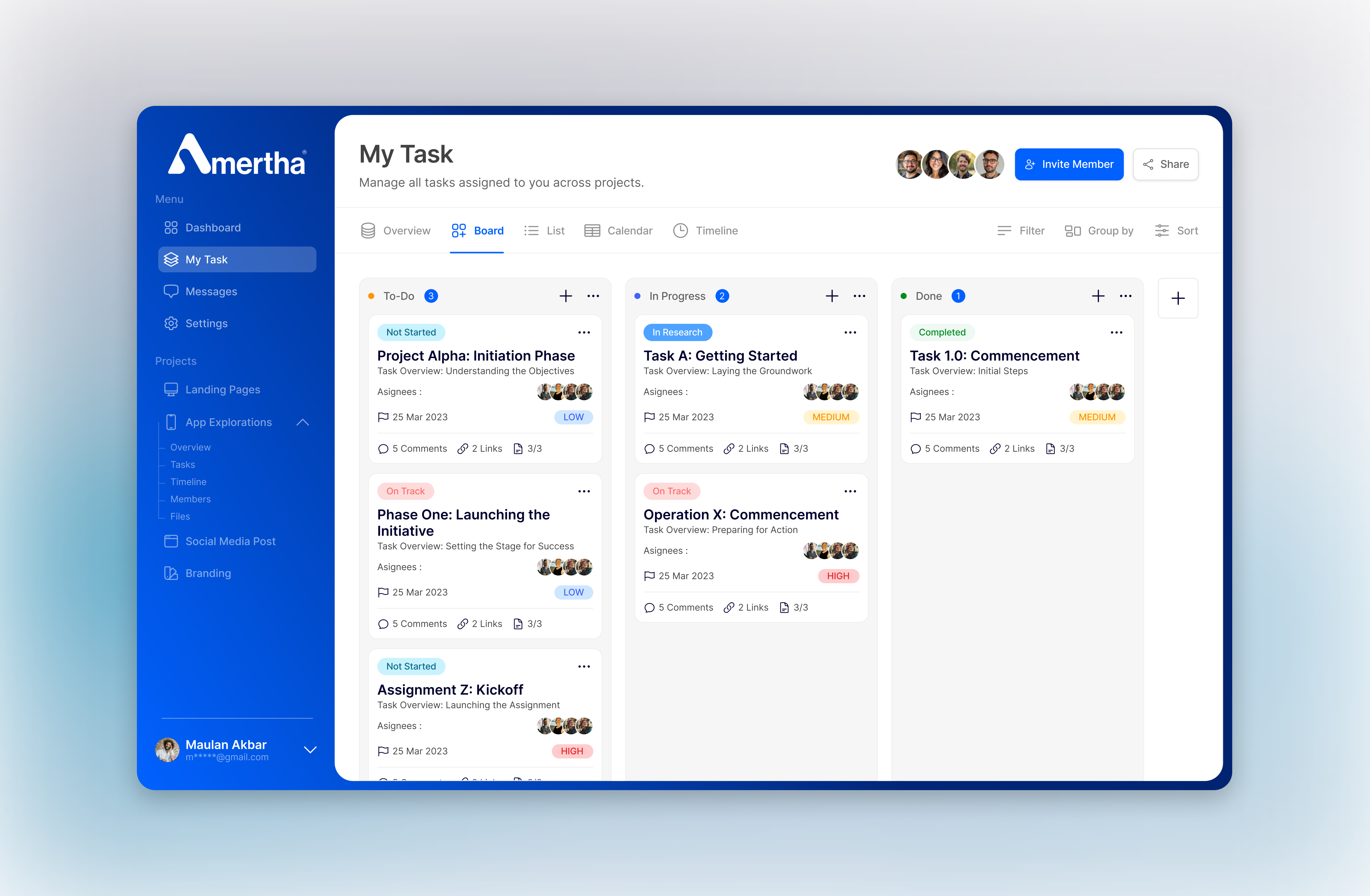 Amertha - Task Dashboard badge board card content dashboard design figma graphic design grid inspiration layout navbar section status task
