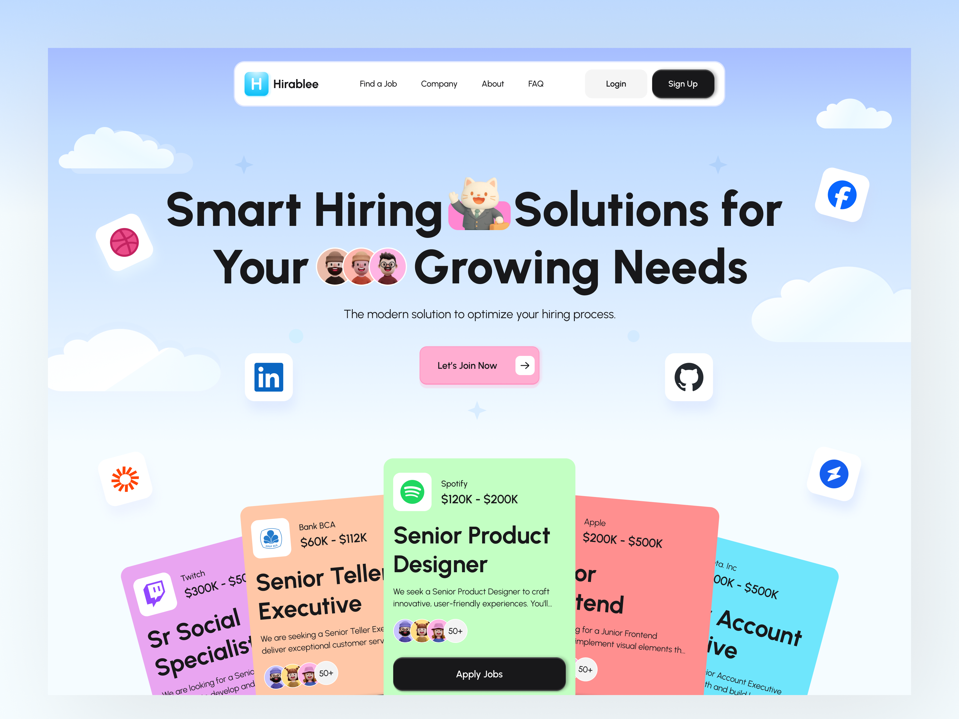 Hirablee - Job Portal Landing Page 💼 3d animation app branding design dribbble graphic design hiring illustration job landingpage logo minimal mobile design mobile ui motion graphics ui ux uxdesign website