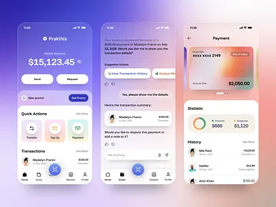 Prakthis E‑Wallet UI Mobile App app bank clean design e wallet finance futuristic glassmorphism invoice management mobile modern money payment product ui