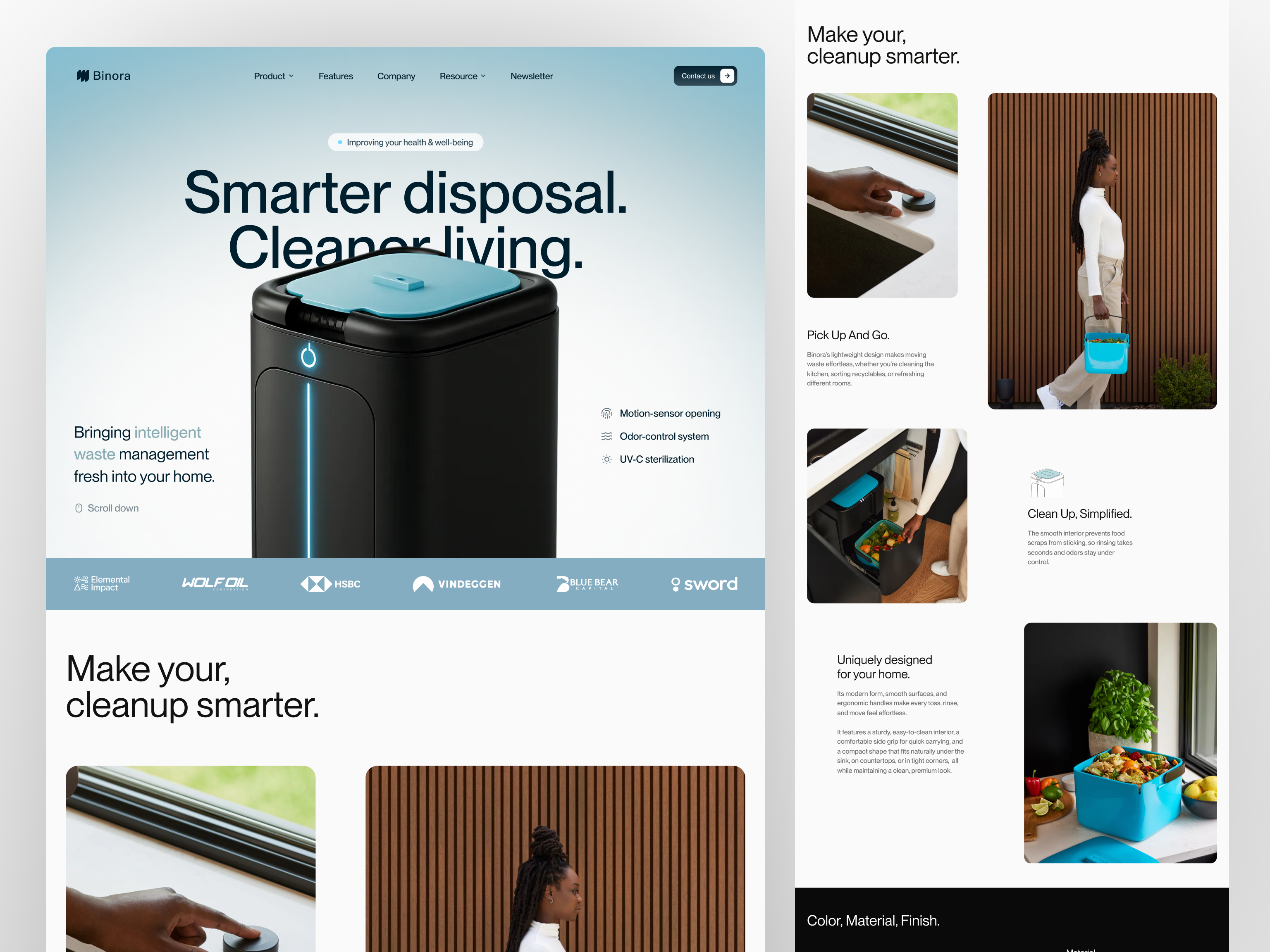 Binora - Garbage Smart Website cleantech design digitalproductdesign dribbbleshots homeinnovation industrialdesign landingpage saas smarthome smartliving techproduct ui ux wastemanagement web design webdesign