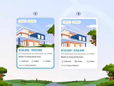 Gome - Property Card Layout Variants 🏘 ab test card clean design ecommerce hierarchy icons illustration listing marketplace modern orely property real estate typography ui ux web