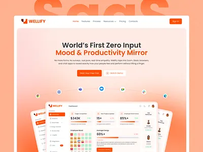 Wellify - SaaS Landing Page UI Design | Radiyal dashboard design employee mood tracker landing page landing page design mood tracker productivity miror radiyal saas saas design saas landing page social media tracker software design ui ui design uiux web design web ui design website design zero input tracker