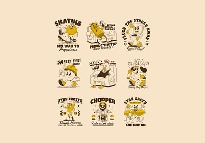 Vintage vibes, fun characters by adipra studio adipra adipra std adipra studio adpr beer character character design creative cartoon cute graphic dog mascot fun character fun illustration humor design playful art retro aesthetic retro cartoon skate theme streetwear graphic surf vibe vintage art