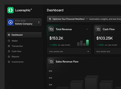 Luxeraphic – Smart Financial Dashboard UI analyticsdashboard darkmodeui dashboarddesign datavisualization designinspiration farhan figmadesign financedashboard financialdashboard fintech fintechdesign fintechui modernui productdesign saasdashboard saasdesign uidesign uiuxdesign uxdesign webappdesign