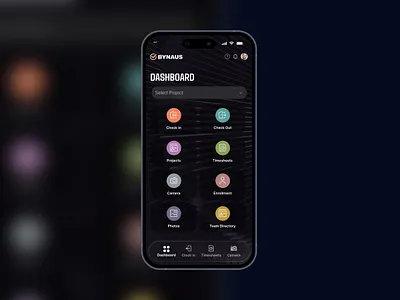 Bynaus.ai Dashboard app apple 2025 building clock in construction dark dark mode dashboard glass ios 26 ios26 liquid glass projects safety time tracking timesheets ui user interface user research ux
