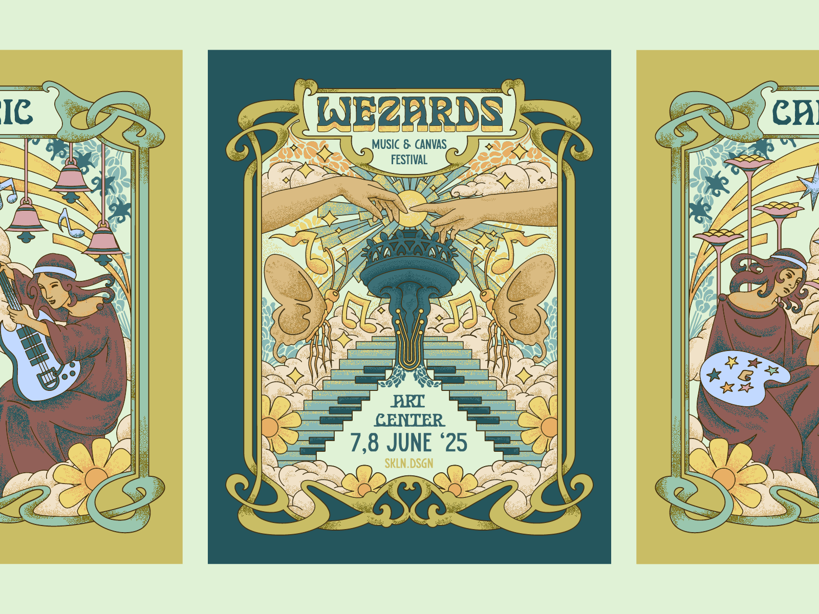 WEZARDS: Festival Poster art nouveau illustration artistic branding colorful illustration concept poster creative poster designer showcase detailed line art digital artwork dreamy aesthetic fantasy illustration festival poster design hand drawn style illustration portfolio music festival design psychedelic poster retro poster art surreal artwork vintage illustration visual storytelling whimsical design