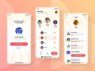 Ranking and Profile - Kids Mobile App badges challenges clean competition design interface kids app leaderboard learning kids mobile mobile app product profile quizzes ranking reward ui ux