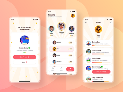 Ranking and Profile - Kids Mobile App badges challenges clean competition design interface kids app leaderboard learning kids mobile mobile app product profile quizzes ranking reward ui ux