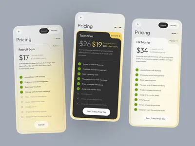 Mobile App Pricing UI — HR Platform Design app app design app interface card design clean ui figma hr app interface design ios mobile mobile app pricing page pricing plans pricing ui product design saas design subscription ui ui ux ux inspiration