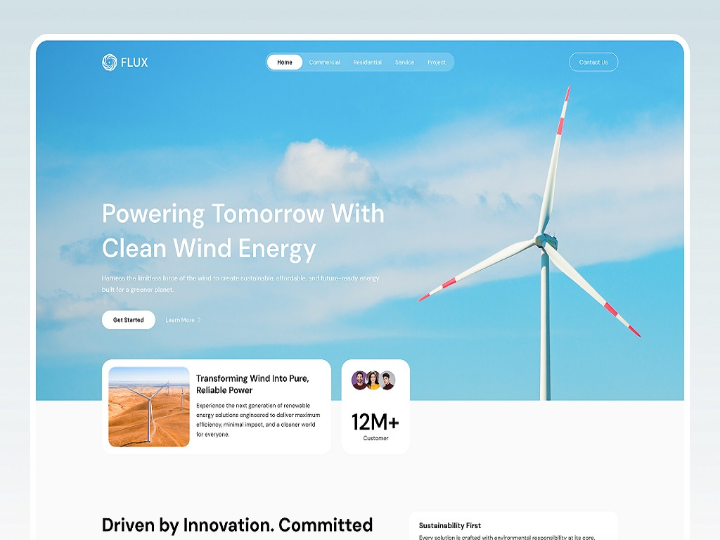 Flux - Windpower Renewable Energy Landing Page clean energy eco friendly eco system energy green energy landing page landing page design renewable renewable energy renewable energy website smart home solar solar energy solar panel solar power solar system solar water wind sustainable turbin power website design