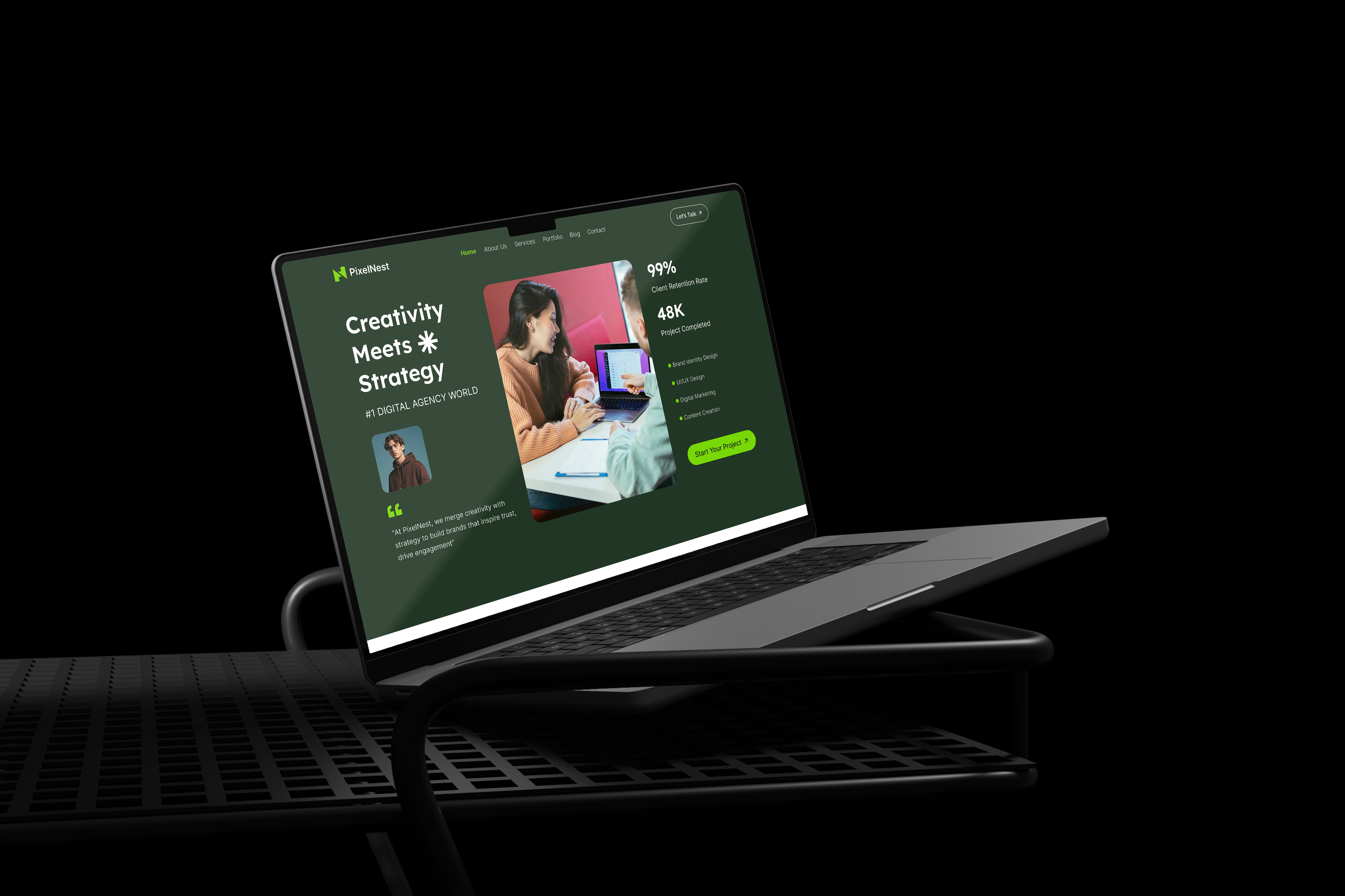 PixelNest-Digital Agency Website Design company website creative agency figma design green hero section home page landing page design portfolio shakib ui ui ux design uiux ux web design web design agency web ui website design