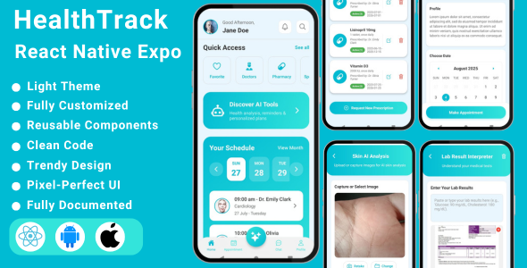 HealthTrack UI Kit-Medical App with AI Integration ai app ai integration doctor app graphic design healthcare medical medical app react native react.js ui ui kit wellness app