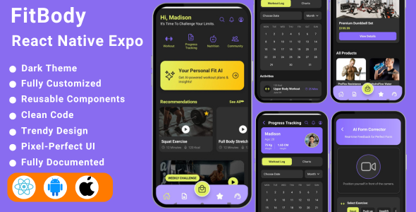 FitBody UI Kit React Native Expo App app developement branding fitbody app graphic design gyp app health app javascrippt react native react.js ui workout app