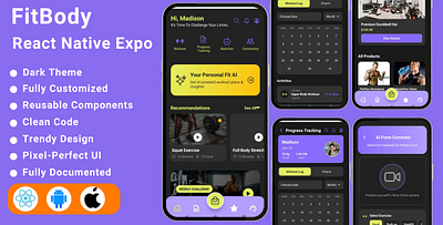 FitBody UI Kit React Native Expo App app developement branding fitbody app graphic design gyp app health app javascrippt react native react.js ui workout app
