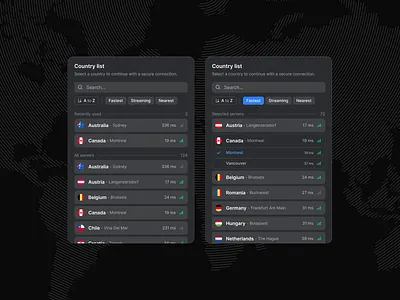 VPN app / Country List / Filters app country design filter list selection ui ux vector vpn