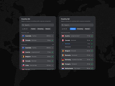 VPN app / Country List / Filters app country design filter list selection ui ux vector vpn