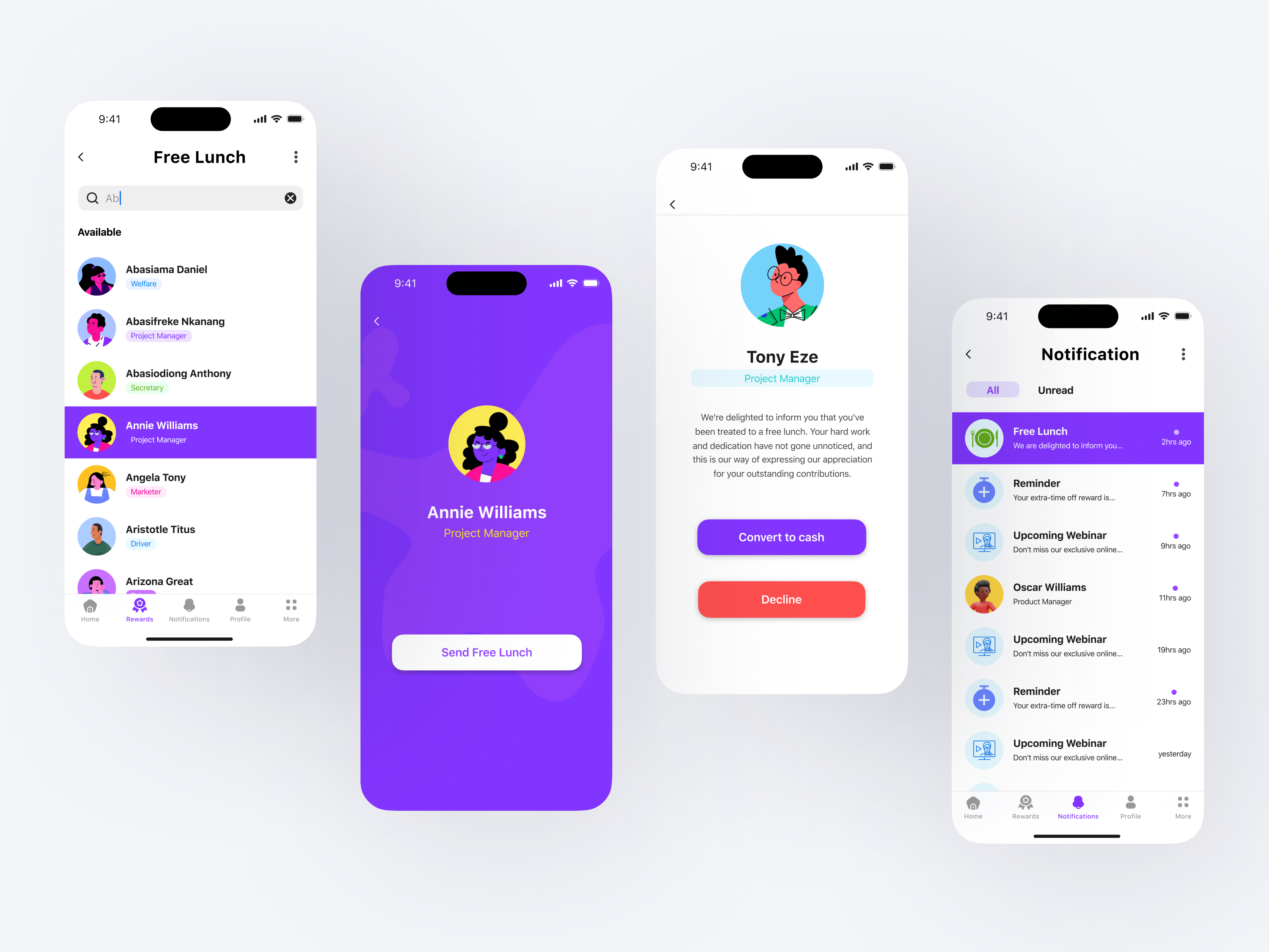 Mobile app that helps employers reward employees with free lunch app fun mobile app notification screen rewards ui