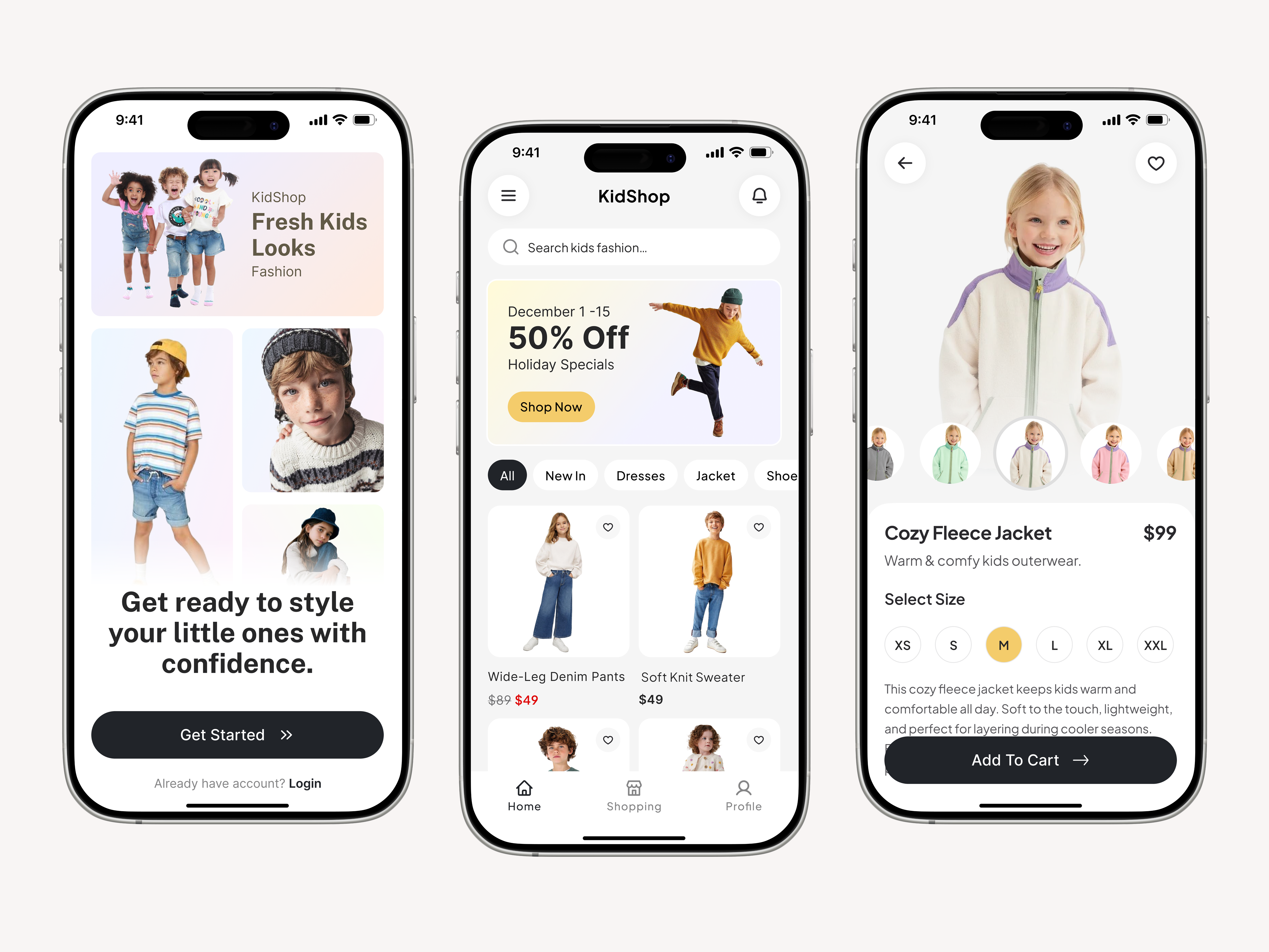 Kids Fashion E-Commerce App UI appdesign cleanui ecommerce fashionapp interfacedesign kidsfashion minimalui mobileui productdesign shoppingapp uidesign uxuidesign