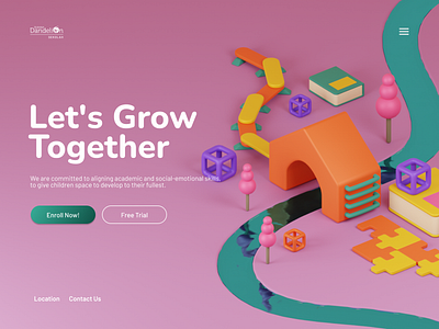 3D UI Landing Page - Preschool Rumah Dandelion 3d 3d ui blender cute kindergarten landing page pink preschool psychology school