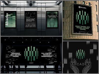 Visual identity for a decentralized trading platform branddesign branding brandstudiodesign crypo darkgradient darkmode defi designagency expo grain graphic design greengradient greenlogo logo market modernlogodesign posters pureblack streetbanner stylishlogo