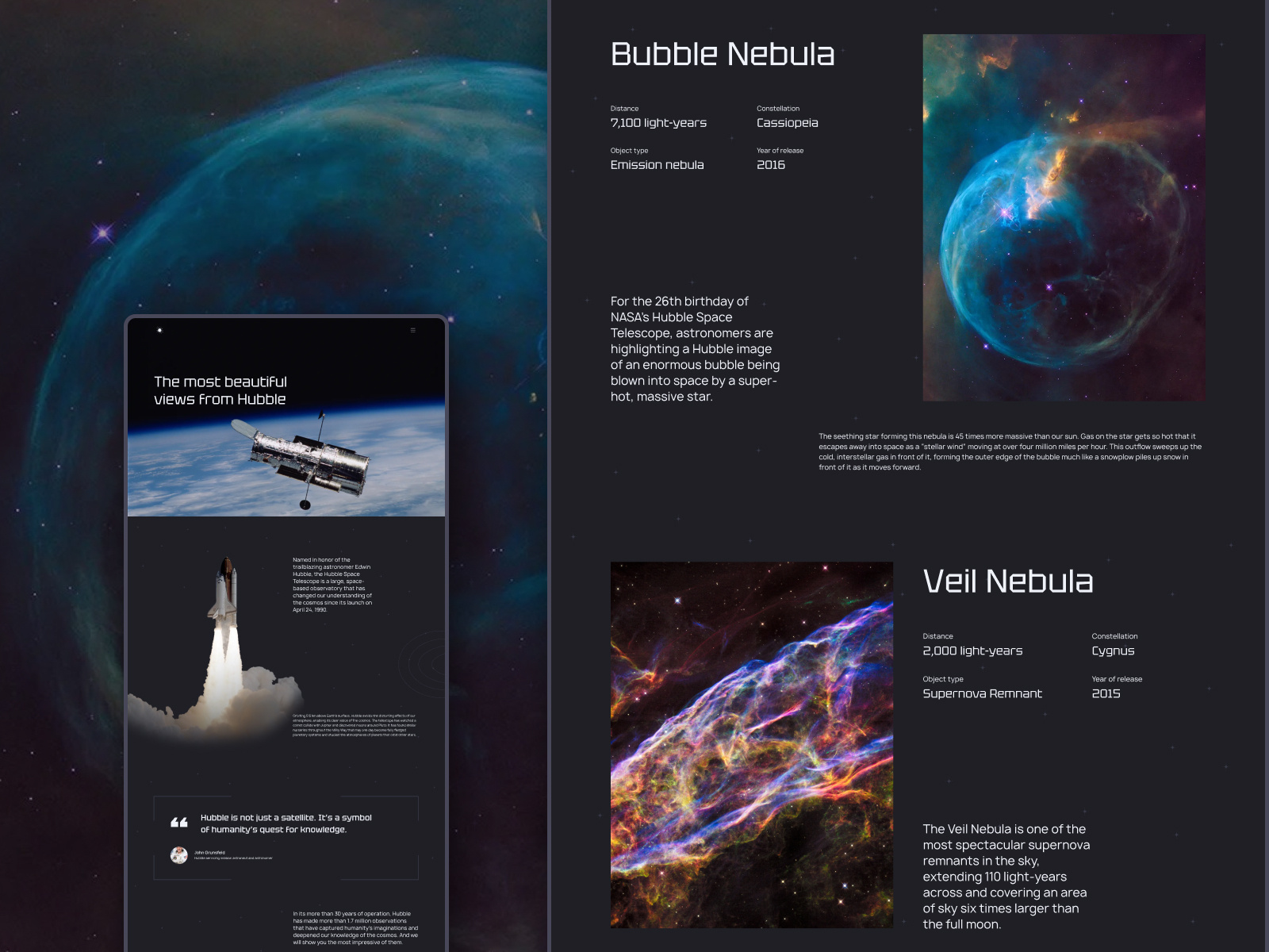 Longread landing page featuring Hubble images cosmos design hubble landing longread space typography ui ux