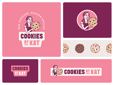 Cookies by Kat Brand System badge baker bakery brand system branding cookie female girl hand drawn illustration logo mascot modern pink vintage visual identity wordmark