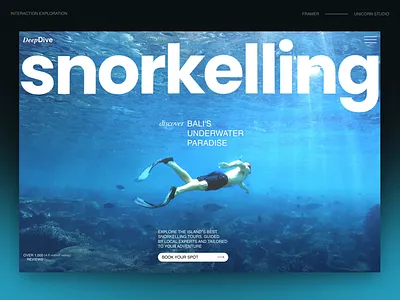 DeepDive - WebGL exploration .1 bold editorial engaging framer immersive interaction ladning page motion graphics parallax scroll scuba diving shaders snorkelling typography ui underwater unicorn unicorn studio webgl website